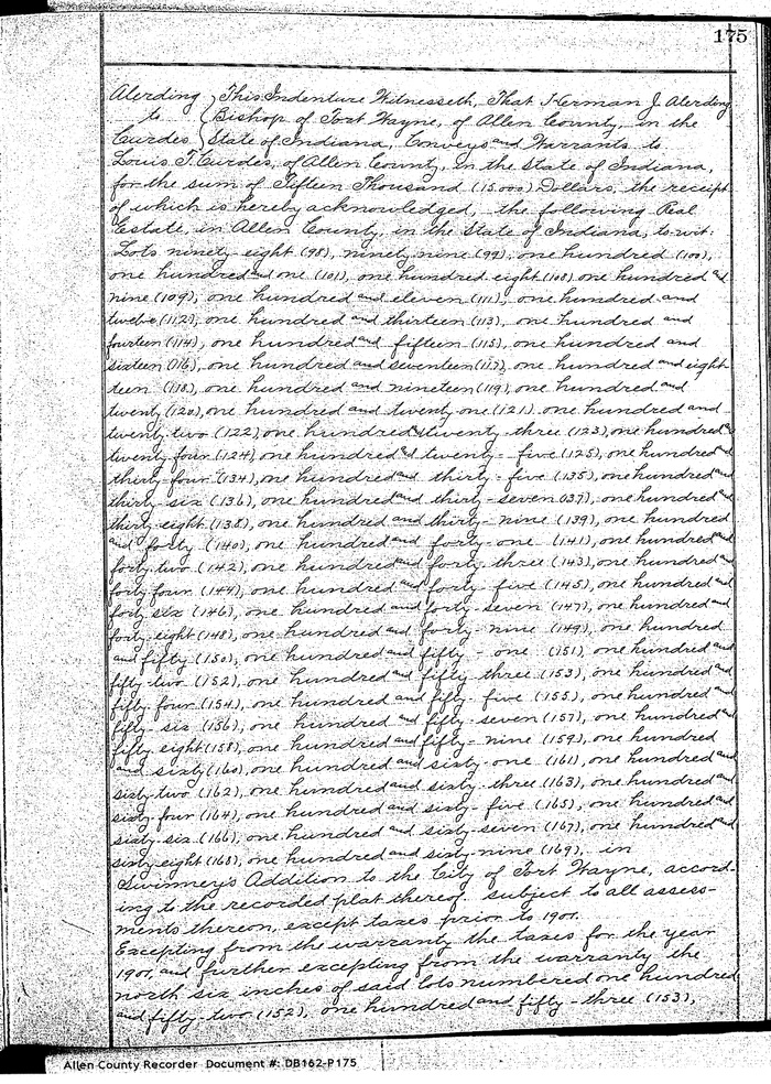 Deed from Bishop Alerding to Louis Curdes