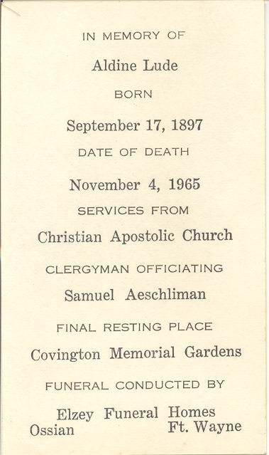 Aldine Lude funeral card