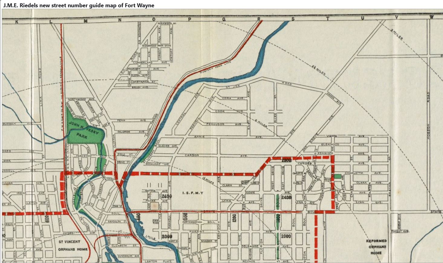 1919 J.M.E. Riedel's new street number guide map of Fort Wayne</
