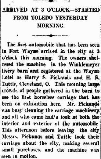 August 18, 1899 first car in Fort Wayne
