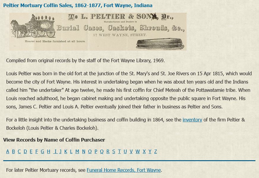 Peltier Mortuary Coffin Sales, 1862-1877, Fort Wayne, Indiana