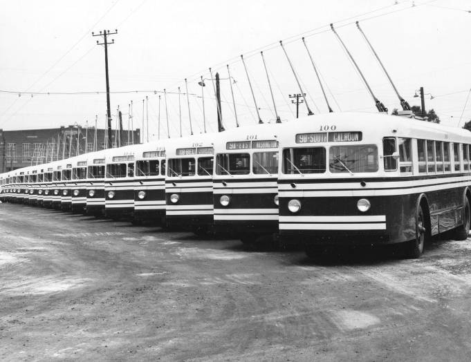Row of trolley coaches