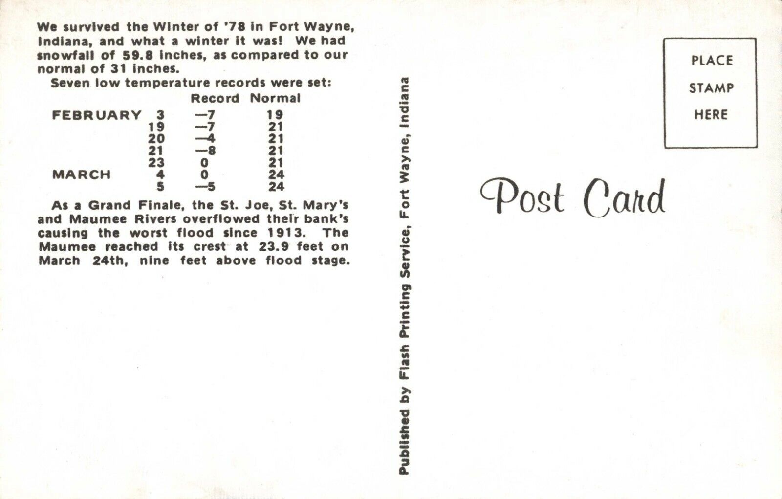 Back side Winter 1978 Fort Wayne postcard