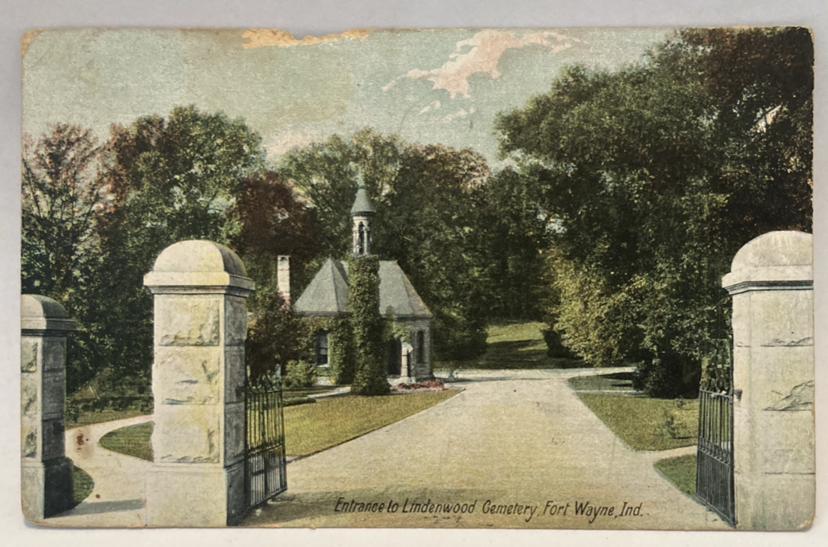 Postcard entrance to Lindenwood Cemetery