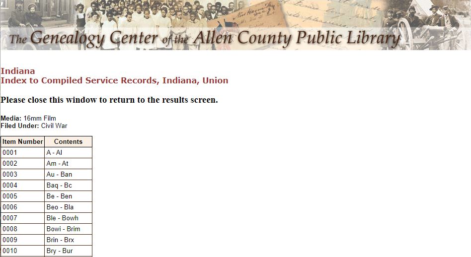 Microfilm Index Civil War Genealogy Center
