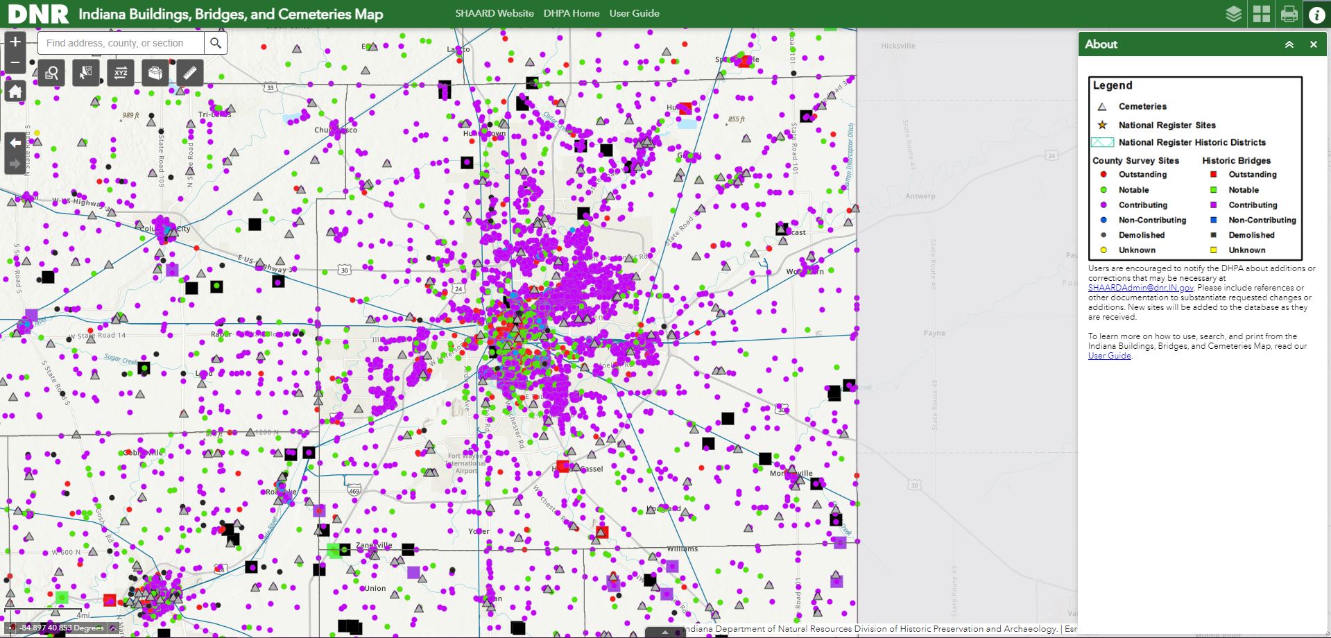 DNR Indiana Buildings, Bridges, and Cemeteries Map SHAARD