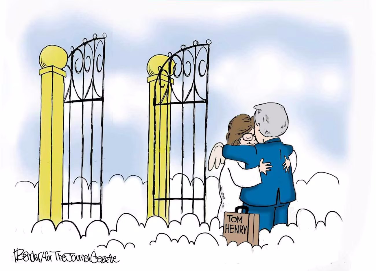 Tom and Cindy Henry meet again in Heaven - Gregg Bender cartoon