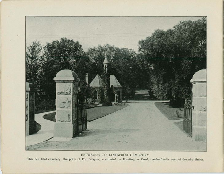 Postcard entrance to Lindenwood Cemetery