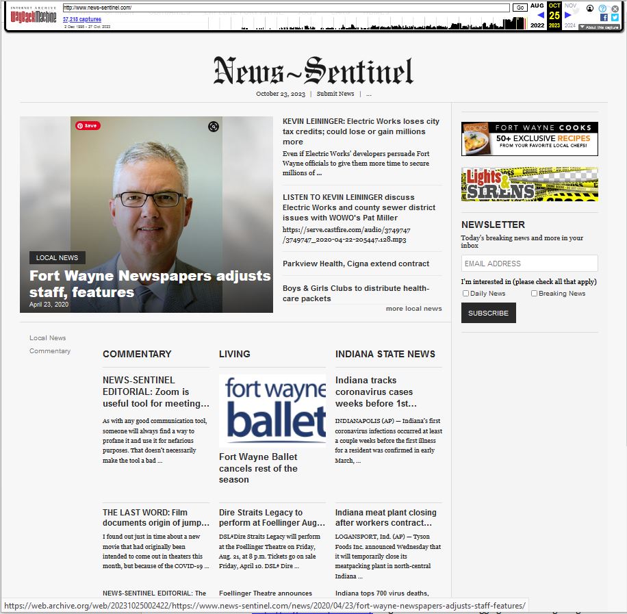 Screenshot of last online News-Sentinel home page