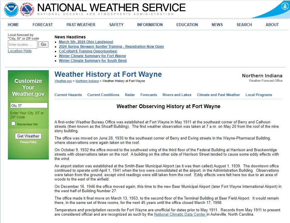 Weather Observing History at Fort Wayne