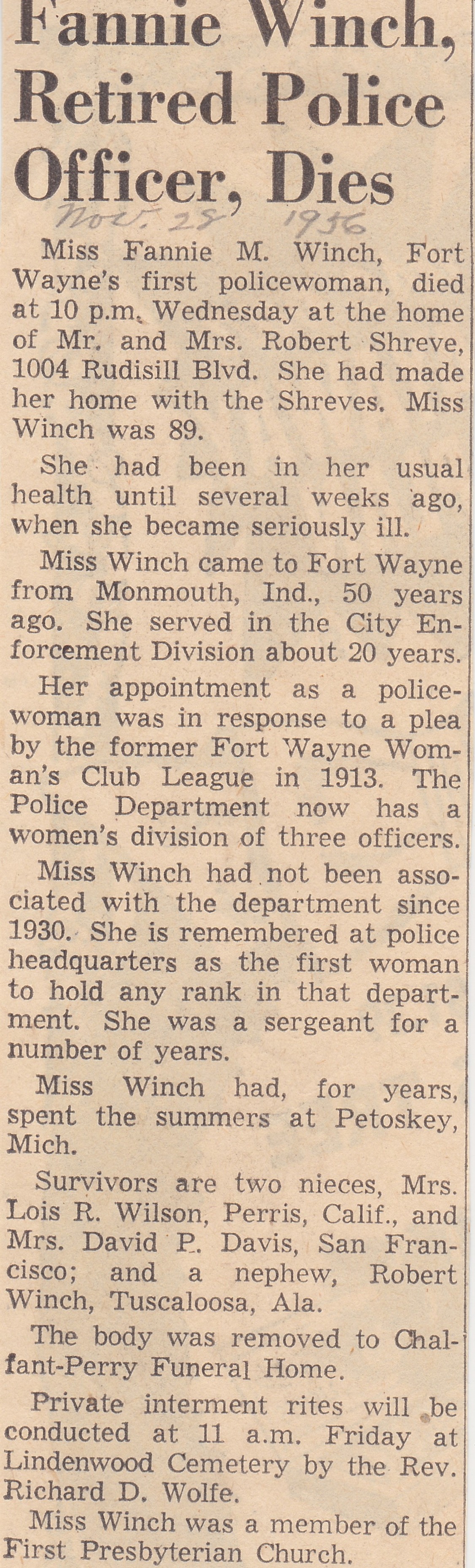 Fannie Winch first woman police officer