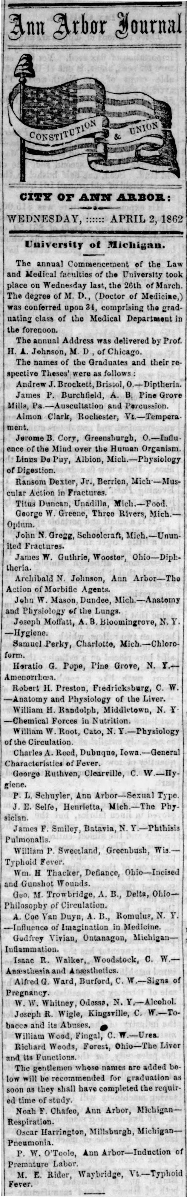 University of Michigan commencement report, 1862